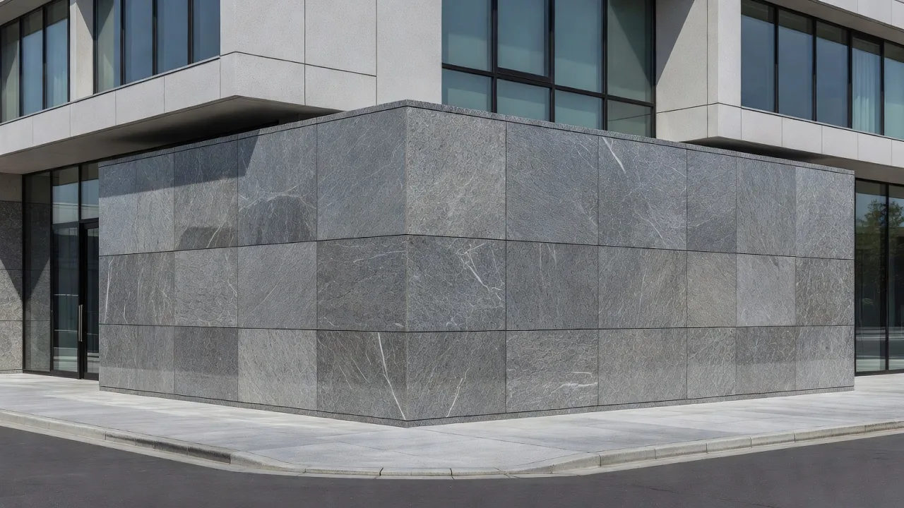 建物基礎部分に施工された石張りクラディング