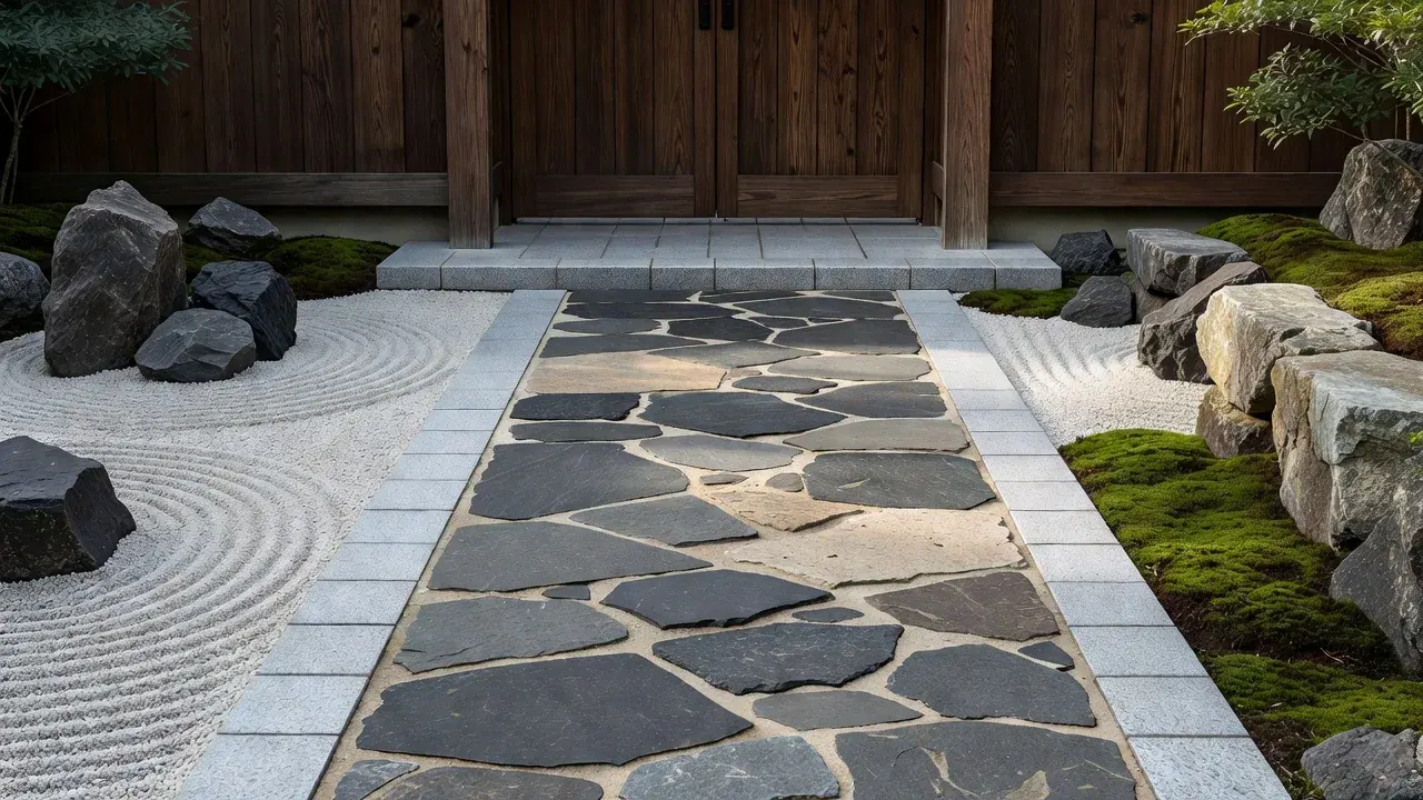 日本庭園の飛び石を用いた石畳の小径
