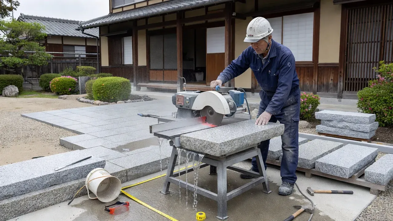 現場で御影石を加工する職人の様子