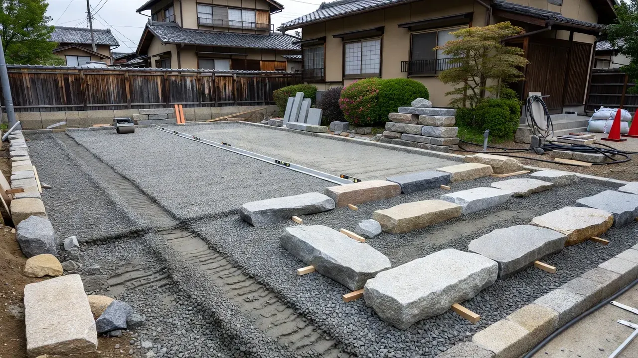 石畳舗装の施工に向けた現場の下地準備作業